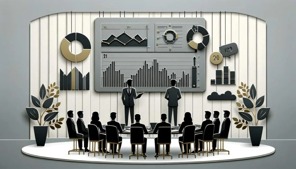 A manager conducting a meeting in a meeting room with a dashboard on the wall