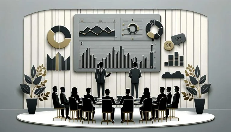 A manager conducting a meeting in a meeting room with a dashboard on the wall