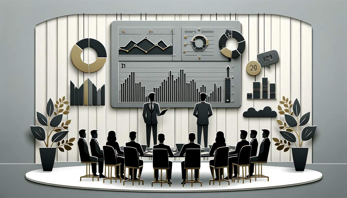A manager conducting a meeting in a meeting room with a dashboard on the wall