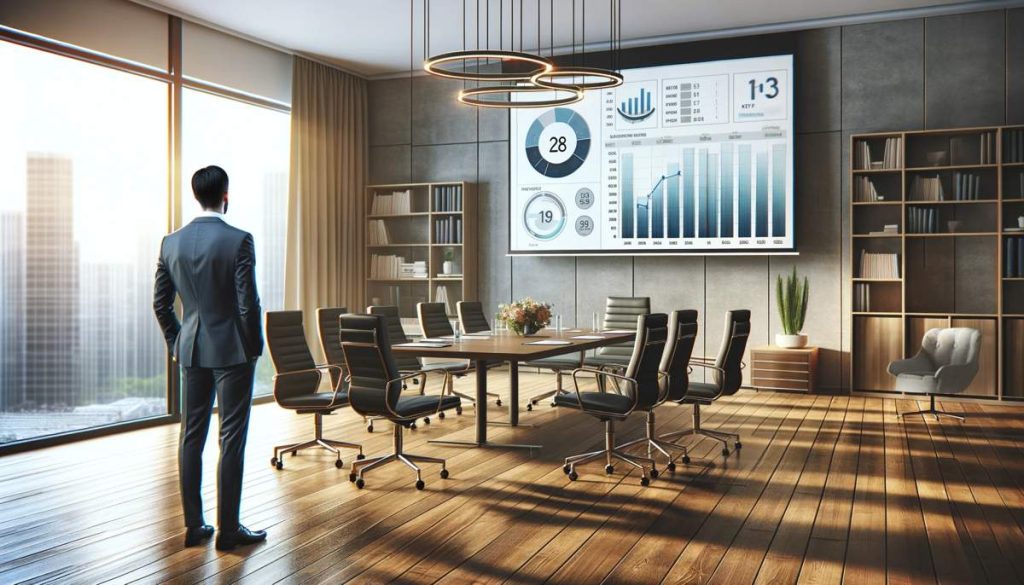A manager looking at a dashboard in a meeting room
