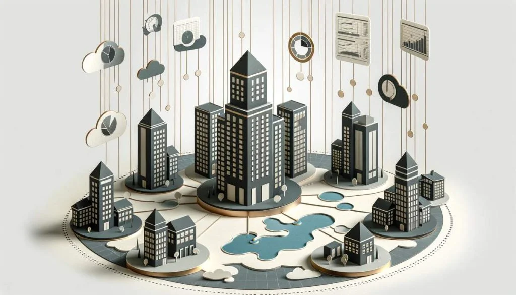 A group of business buildings on different islands, each connected to a central HQ building