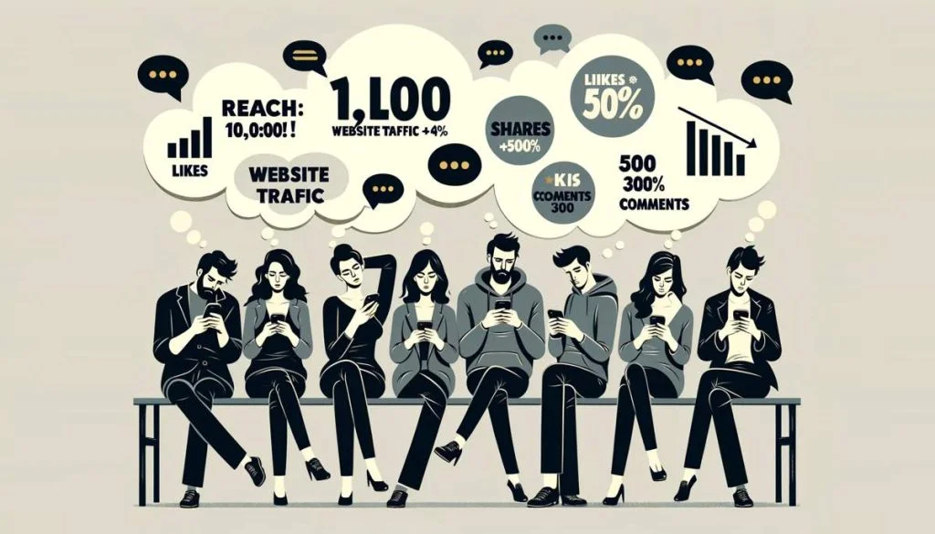 Several people checking their phones, with thought bubbles showing various social media KPIs
